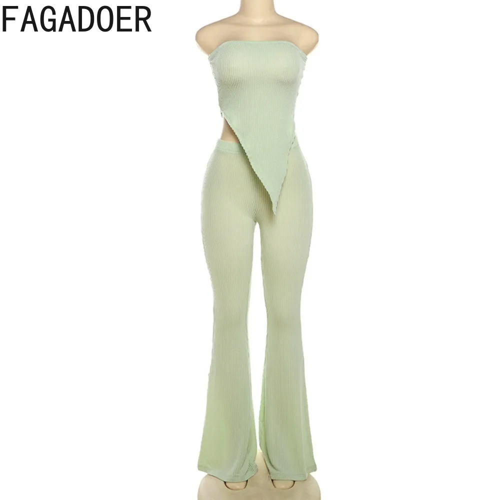 FAGADOER Fashion Streetwear Women Sleeveless Backless Irregular Tube And Skinny Pants Two Piece Sets Elegant Lady OL 2pcs Outfit