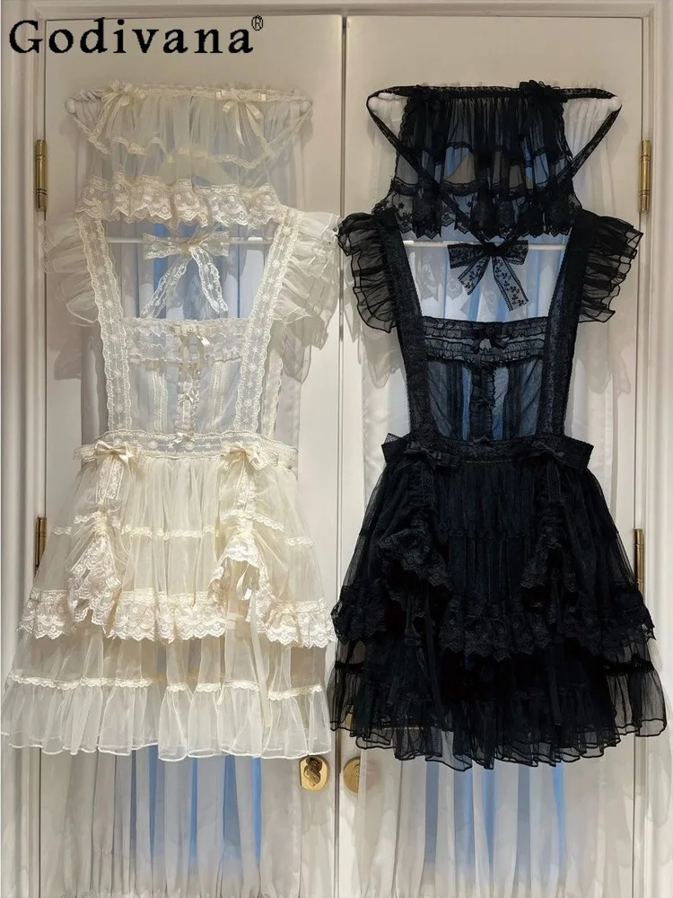

2025 New Fashion Versatile Sweet Lolita Match Solid Color Square Collar Coat Cover Dress Ruffles Cute Apron Lace Dresses