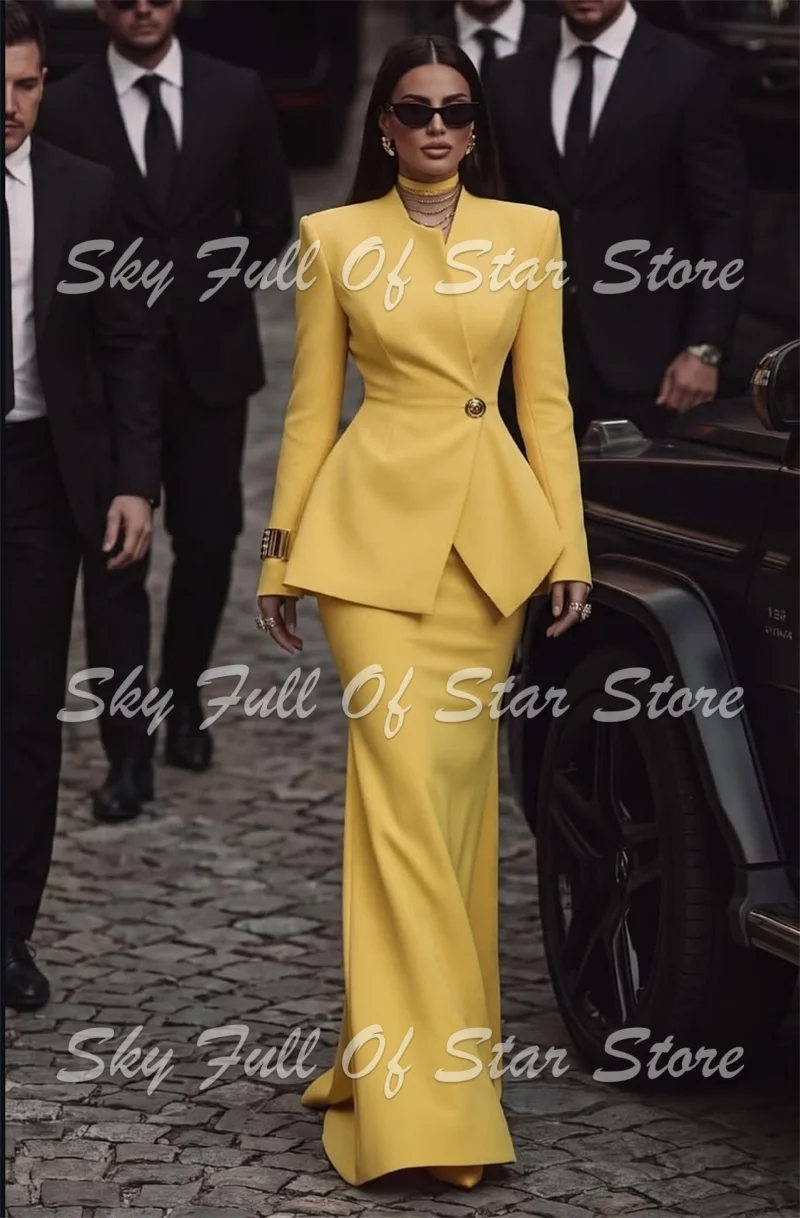 Yellow Women Suit Set 2 Pcs Single Button Peplum Blazer + Mermaid Long Skirt Custom Formal Wedding Evening Party Lady Outfit