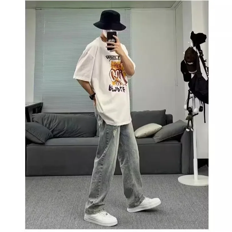 الصيف حجم كبير الأمريكية الرجعية شارع العليا Waed عادية فضفاض الرجال الجينز ثقب اللكم مستقيم الساق فضفاضة تناسب الجينز