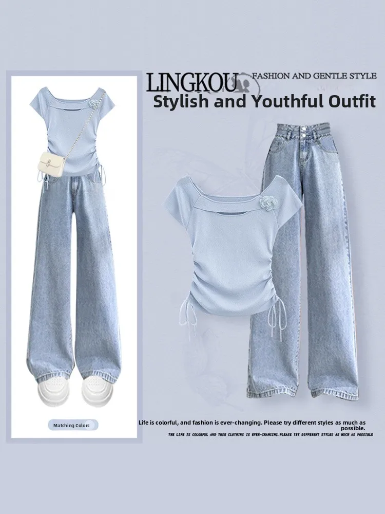 

Летний минималистичный комплект: женская футболка с круглым вырезом и джинсы с завязками, повседневные, облегающие, с высокой талией, длинные брюки.