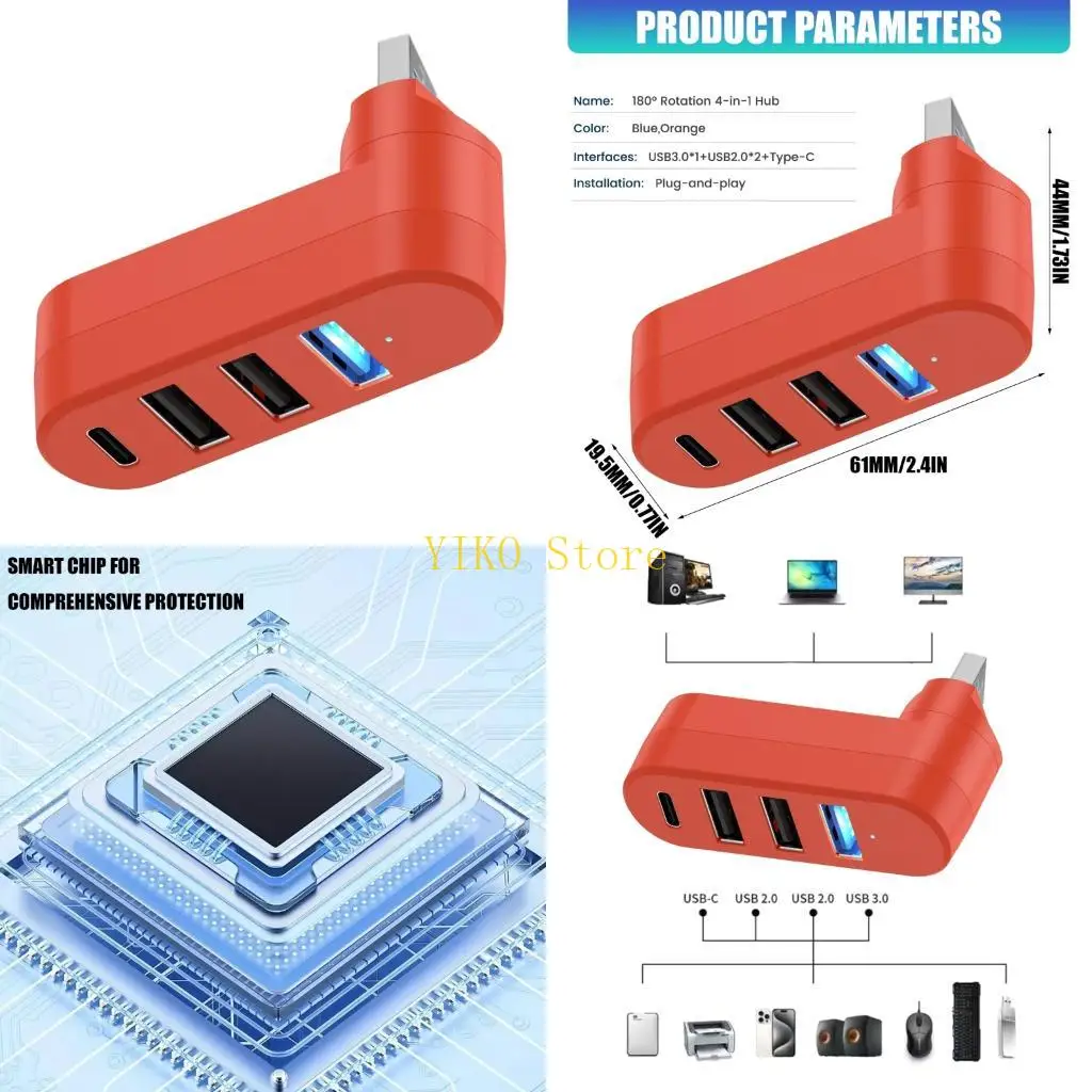 K32C Portable USB3.0 Connectors Hub 4 in 1 Design With Rotatable Accent For Laptops Tablets And Mobile Phones