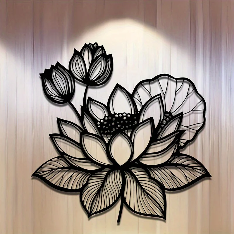 1pc Black for Lotus Metal Wall Art - 15.74 Inch Iron Sculpture with Berries - Perfect for Garden, Halloween & Easter Home