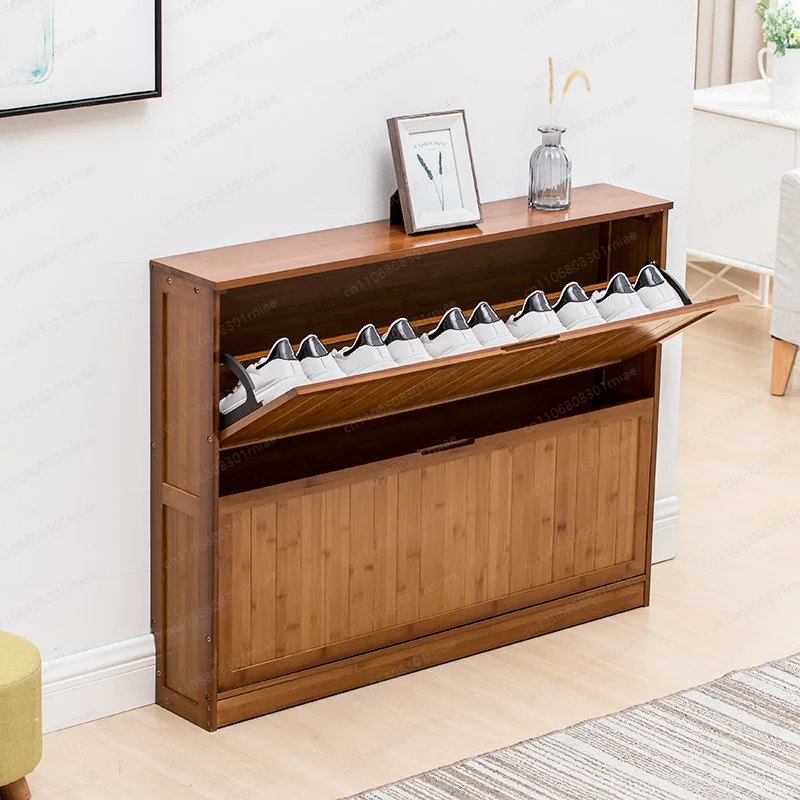 

Бамбуковый ультратонкий шкаф для обуви с откидной дверцей, 17 см, для узкого прохода, экономит место, простой и современный дизайн.