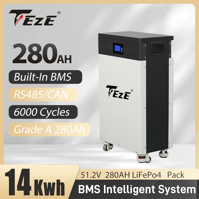 TEZE 48/51V 14KWh 280Ah LifePo4 Battery PowerWall Home Storage Rechargeable Cell Built-in 100A/200A BMS