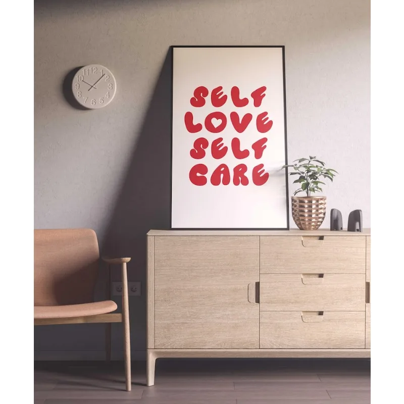 

Self Love Valentine's Wall Art Poster,Minimalist Retro Red Typography Art for Valentine,Frameless Canvas Print for Bedroom Decor