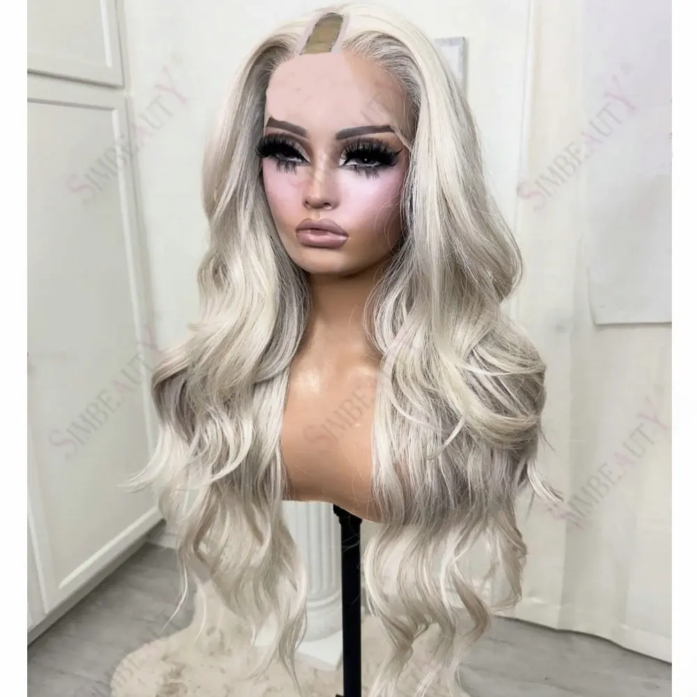 Klebefreie Platinblonde Natürliche Welle 1x4 Größe U-Part-Perücken aus Echthaar für Frauen, Lang 26 Zoll, Vollmaschinell Hergestellt, V-Part-Perücke – Detail 3