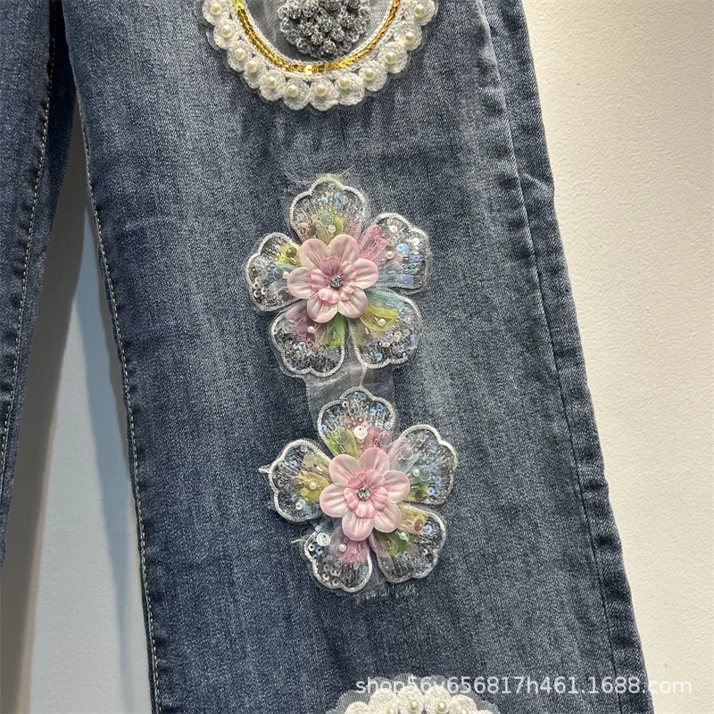Pantalones vaqueros tridimensionales con flores y diamantes para mujer, pantalones rectos con cintura elástica que combinan con todo, vaqueros de pierna ancha para primavera y otoño