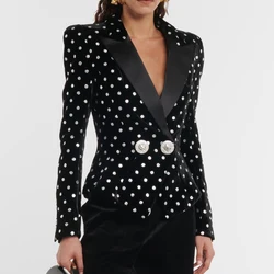 Newest Luxury Design Polka Dot Diamonds Buttons Classic Slim Fitnees Black Velvet Women Blazer