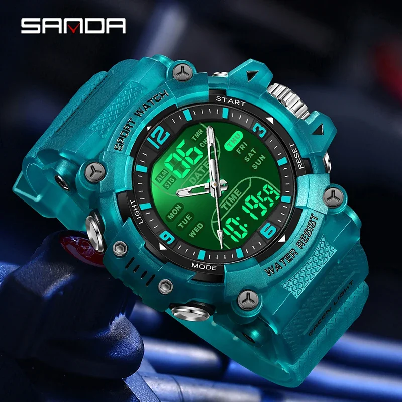 SANDA جديد عرض مزدوج ساعات رجالية عادية رياضية مقاوم للماء ساعة عسكرية LED رقمية تناظرية ساعة توقيت كوارتز رجل ساعة اليد