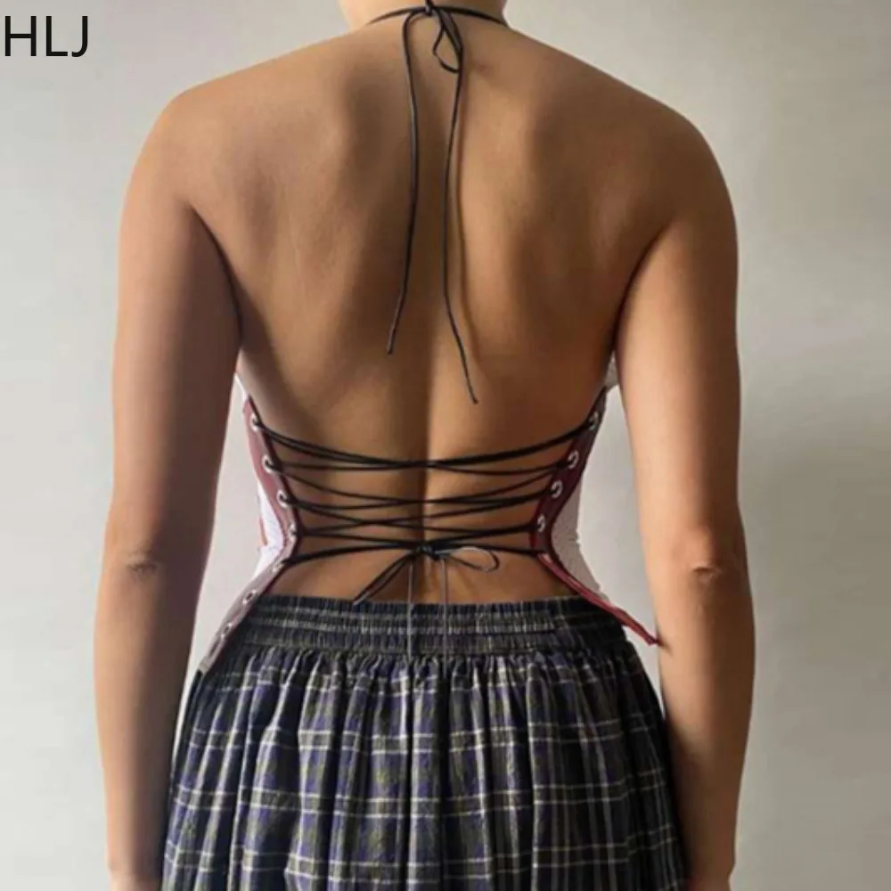 HLJ Y2k Sexy 2 Piece Sets Women Outfit Mesh Halter Bandage Backless Crop Tops and Camouflage Skirt Suits Female Streetwear New
