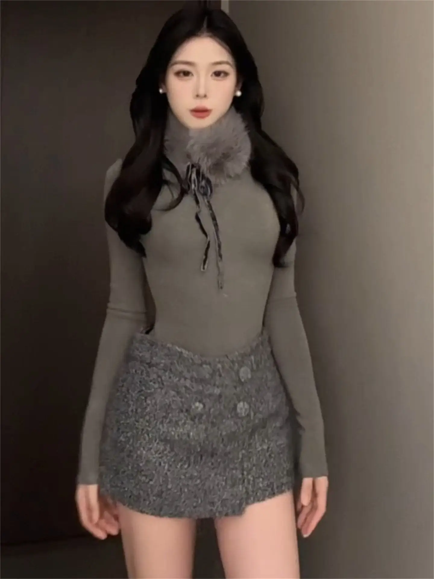 

Faionable High Collar Fur Trimmed Set Women's Springtime Ele Slimming High-End Casual Sle Two-Piece Suit