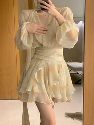 Flower Yellow Female Chiffon Dress Holiday Women's Long Sleeve Satin Silk Dresses Floral One-piece Clothing Casual Youth Clothes