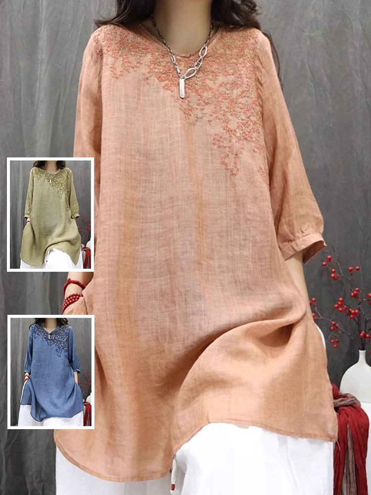 

Летний женский топ из легкого дышащего льна с объемной вышивкой в стиле ретро, средней длины, с круглым вырезом, больших размеров