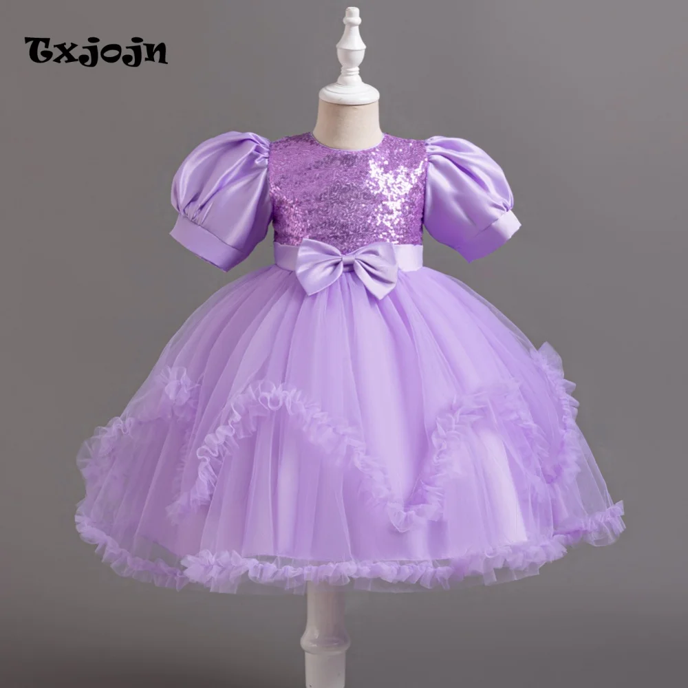 Girl's Dress 3-14 Years Old Girl's Bow Princess Dress Sequined Puff Sleeve Mesh Dress Wedding Dress Flower Girl Birthday Dress