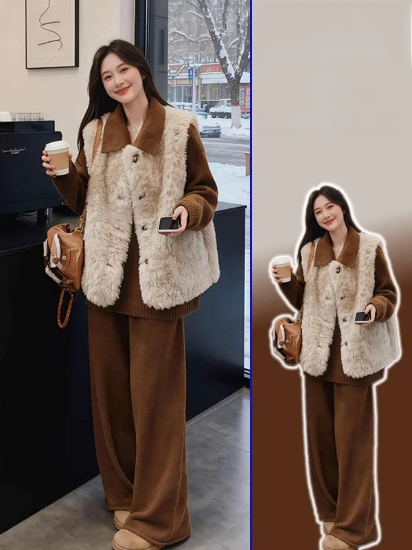 

Комплект из трех предметов: корейский вязаный свитер, жилет из овечьей шерсти и брюки с широкими штанинами для полных женщин, весна-осень, модный женский комплект