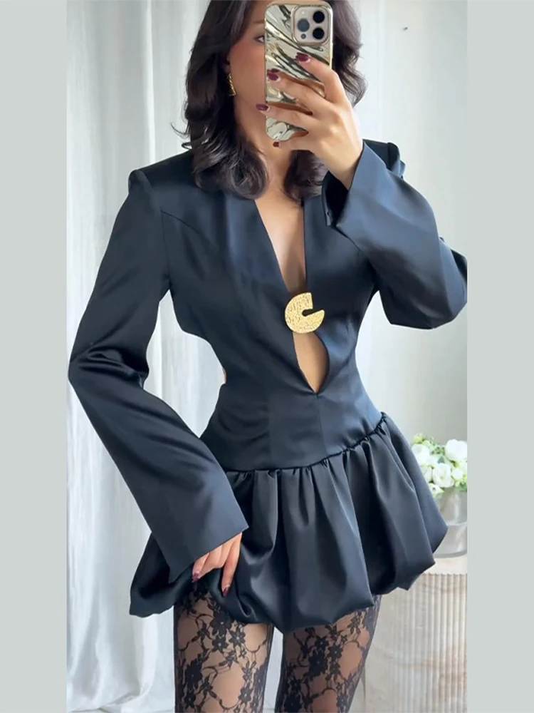 Women's Dresses Deep V Mini Dress Sexy Cutout Waist Metallic Detail 2025 Trendy Long Sleeve Party Evening Wear Woman Clothes