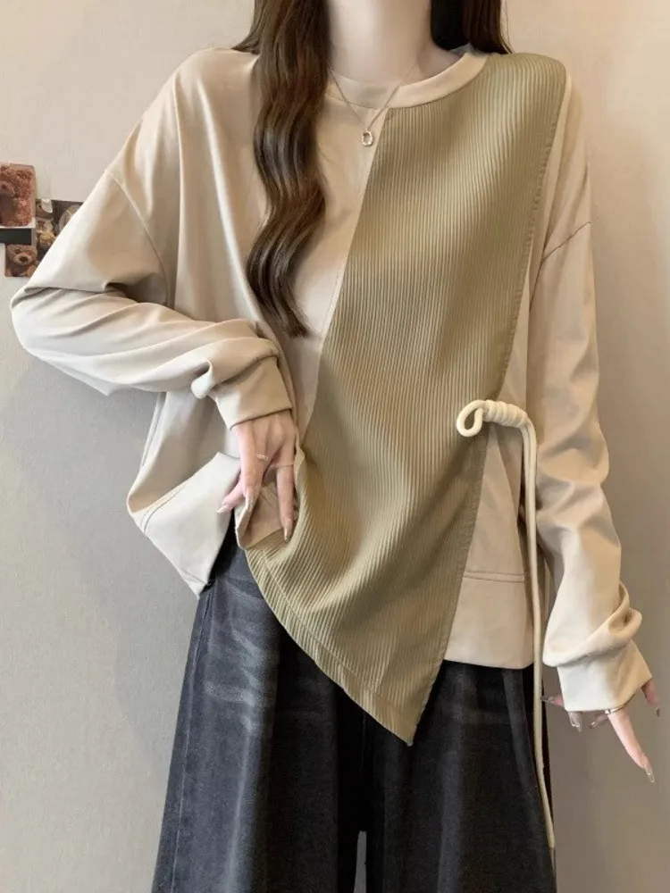 ルーズ長袖 Tシャツ レディース 秋冬 プラスサイズ カラーブロック ベースシャツ 韓国風 通勤ファッション 非対称デザイン 1