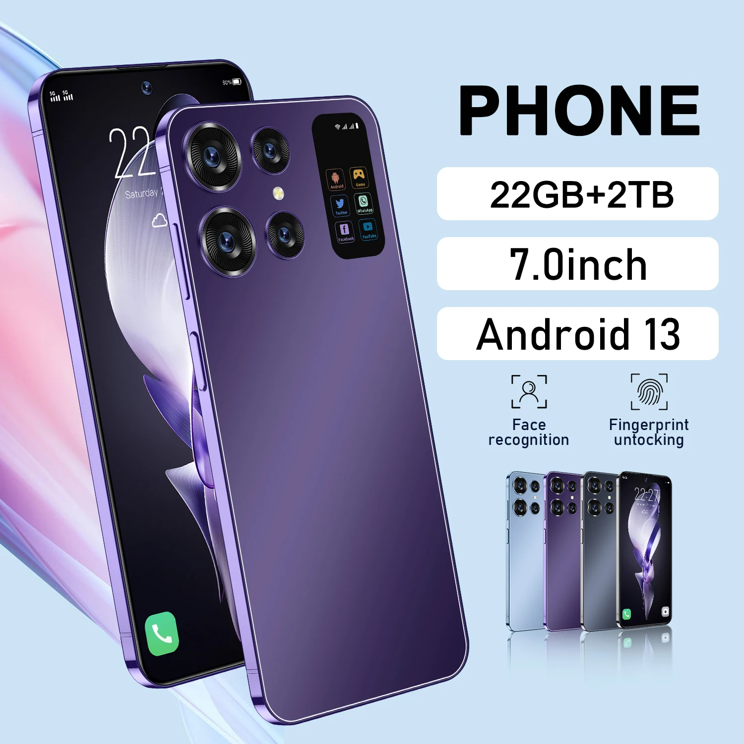 2025 nouveau smartphone 22GB 2TB 7.0 pouces écran 7000Mah Android13 cellule double Sim visage débloqué téléphone portable 5G téléphone portable
