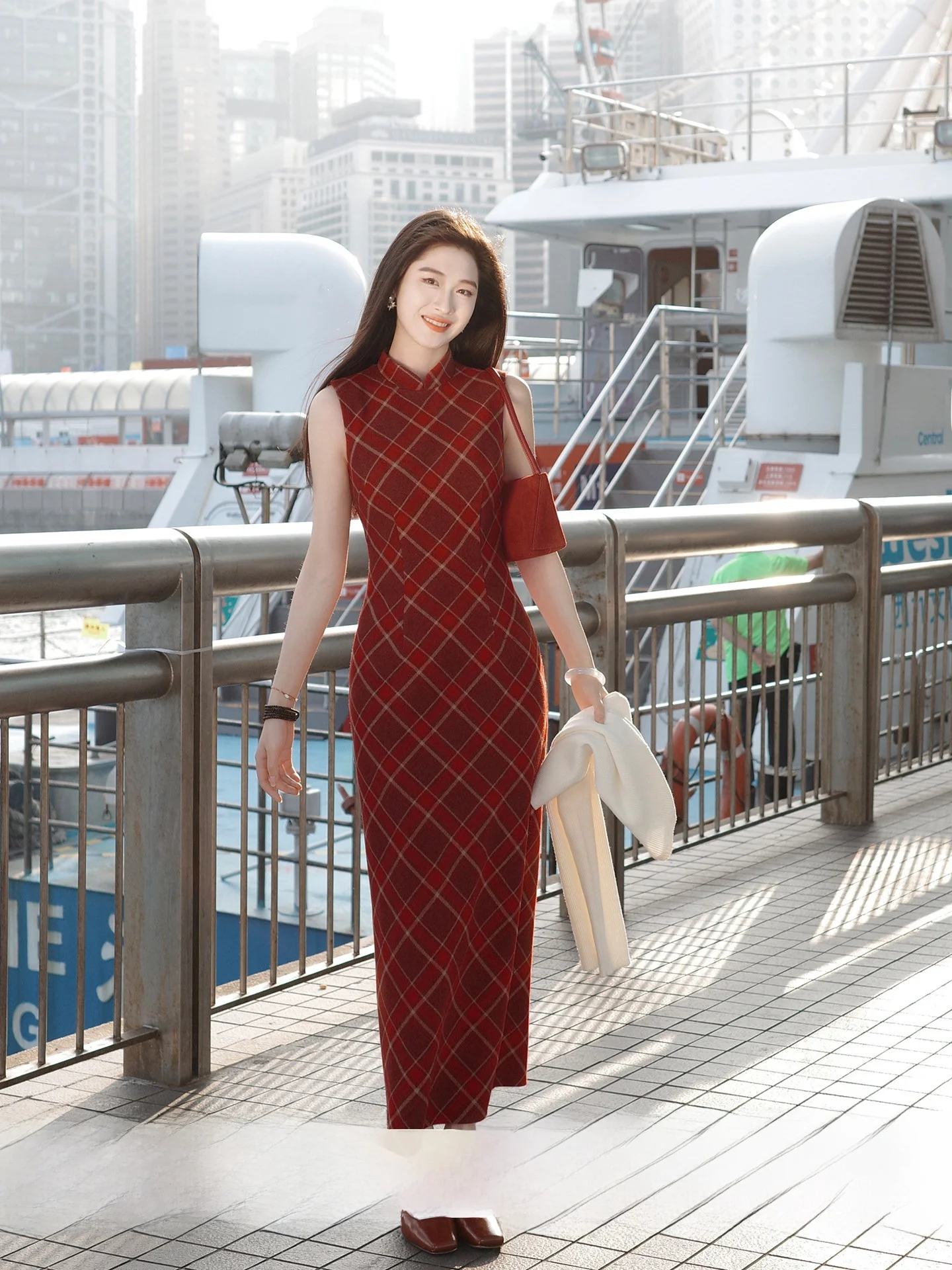 

Spring Summer Red Plaid Reformed Women's Dress Ling Xian Zhi He Floral Youth New Chinese Style Long Qipao Dress