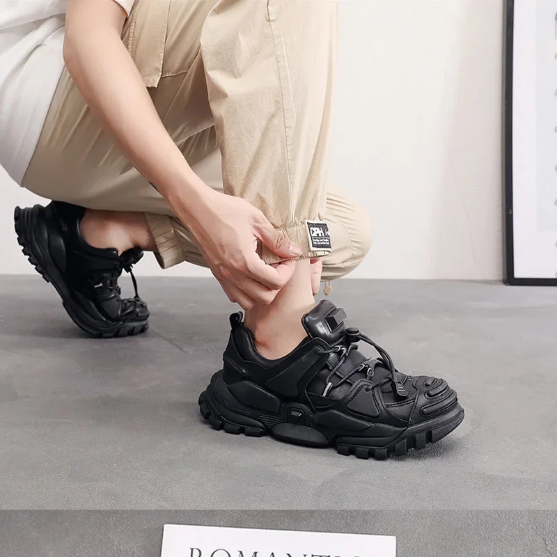 

Fashion Genuine Leather Loafers Punk Chunky Sneakers for Men Platform Casual Increased Ankle Hiking Boots Elastic Band