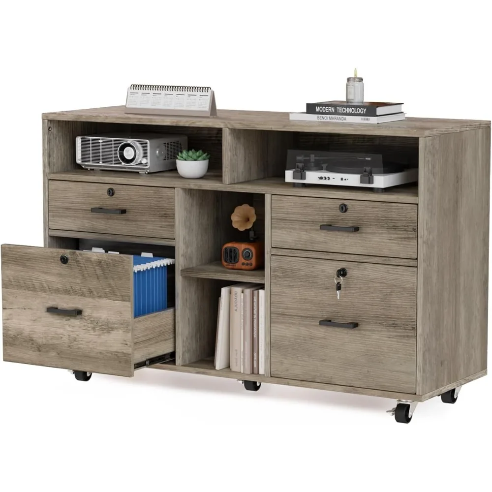 

Wide 4 Drawer File Cabinet with Lock, Rustic Grey Rolling File Cabinet with Open Shelves, Lockable Printer Stand