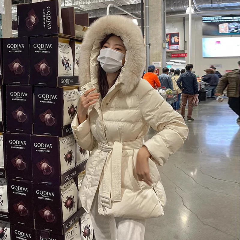 Chic Vintage Winter Coat Women's Cotton Jacket with Detachable Fur Collar Waist-Cinching Hooded Outerwear for Ladies