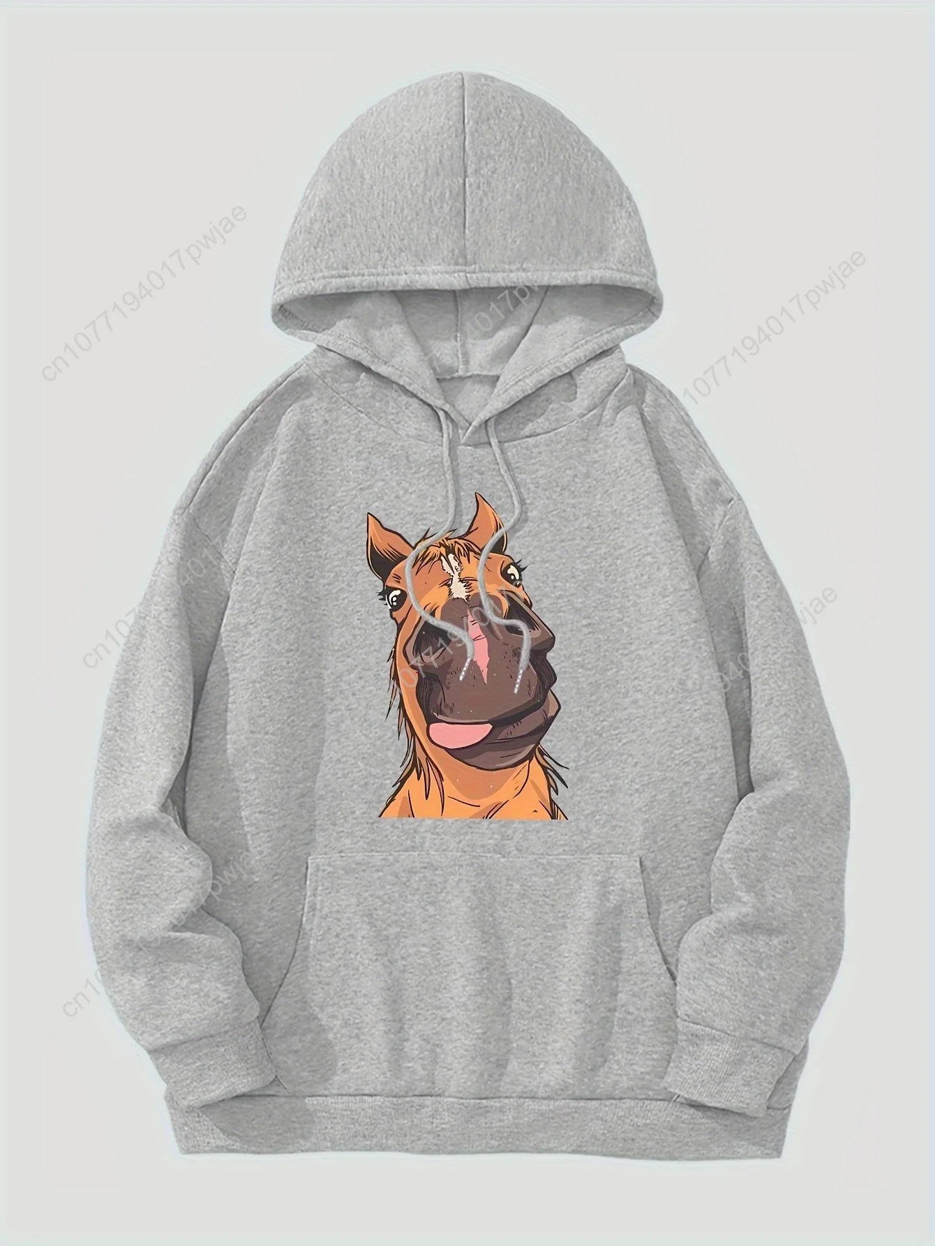 Moletom com capuz feminino com estampa de cavalo de desenho animado chique de poliéster elástico macio – pulôver casual com bolsos, perfeito para outono/inverno