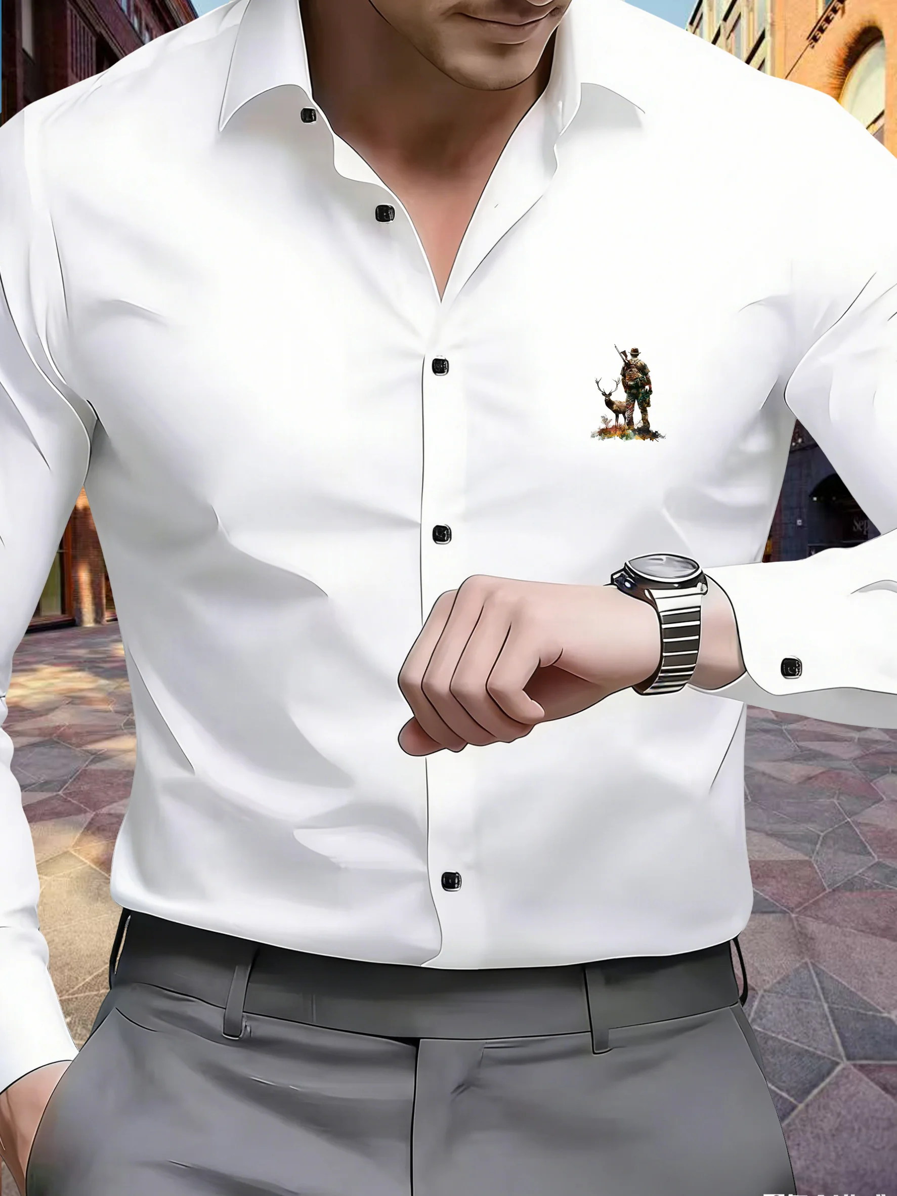 Herren-Langarmhemd mit Western-Denim-Cartoon-Muster, geeignet für Business und Büro.
