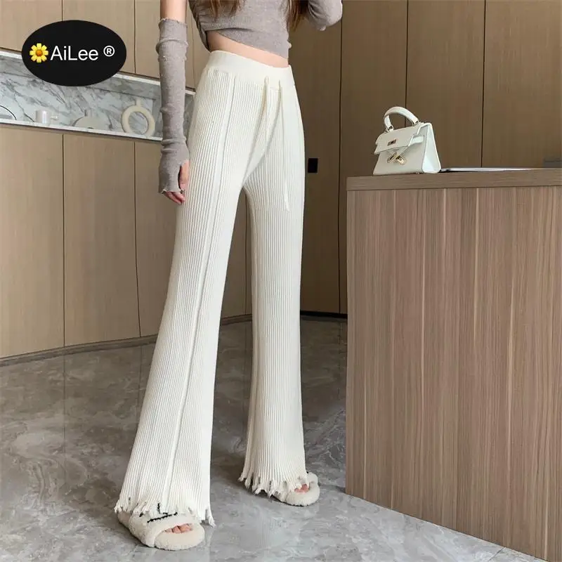 Designer Tassels Wide Leg Knitted Pants Women Winter Chic Stripe Loose Trousers Femme Casual Full Length Warm Sweater Pants