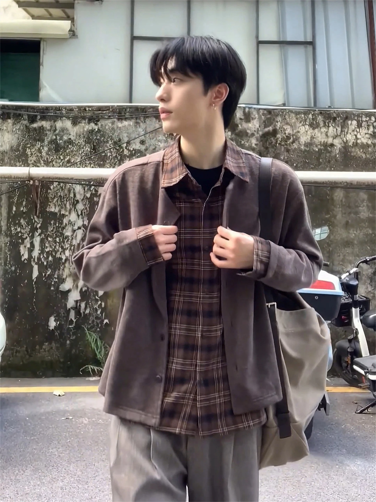Old Money Style Plaid Patchwork Long Sleeve Shirt Men's Spring Autumn Trendy Lazy Style Handsome Open Cardigan Outerwear