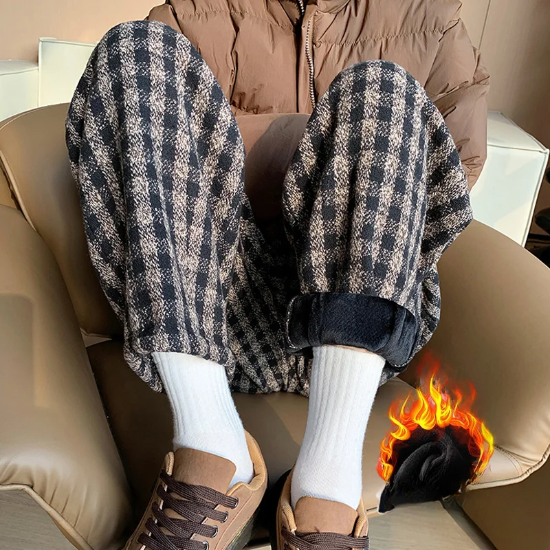 

Women 2024 Autumn Winter Retro Plus Velvet Plaid Pants Female Woolen Harem Pants Ladies High Waist Loose Casual Trousers L372