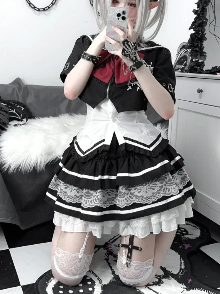 Japanse Kawaii Meisje Zoete Leuke Lolita Bladerdeeg Mouw 2025 Top Vrouwen JK Slanke Shirt Zomer Y2k Esthetische Kant Patchwork Blouse de2s