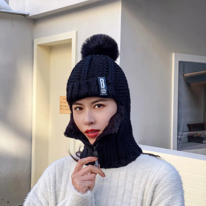 Knitted Hat Ski Women Hat Windproof Winter Outdoor Knit Thick Siamese Scarf Collar Warm Keep Face Warmer Beanies Hat