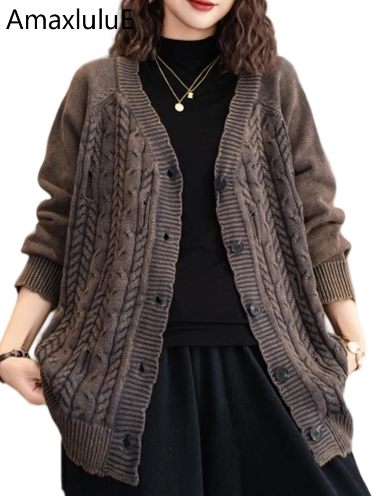 

Amax LuluE Korean 2025 Fall Womens Loose Leisure Classic Striped Knitted Sweaters Female Fashion Vintage Cardigans Holes Coats