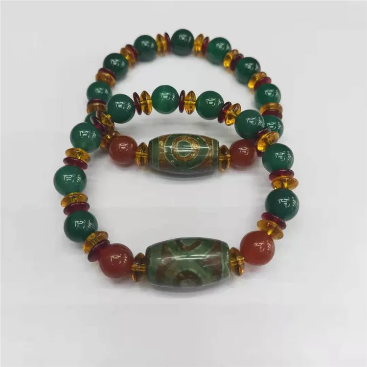 Guangshun Jewelry Tianzhu Green Agate Bracelet Wholesale Tibetan Nine Eyed Tianzhu Agate Drum Bead Bracelet Direct Sales