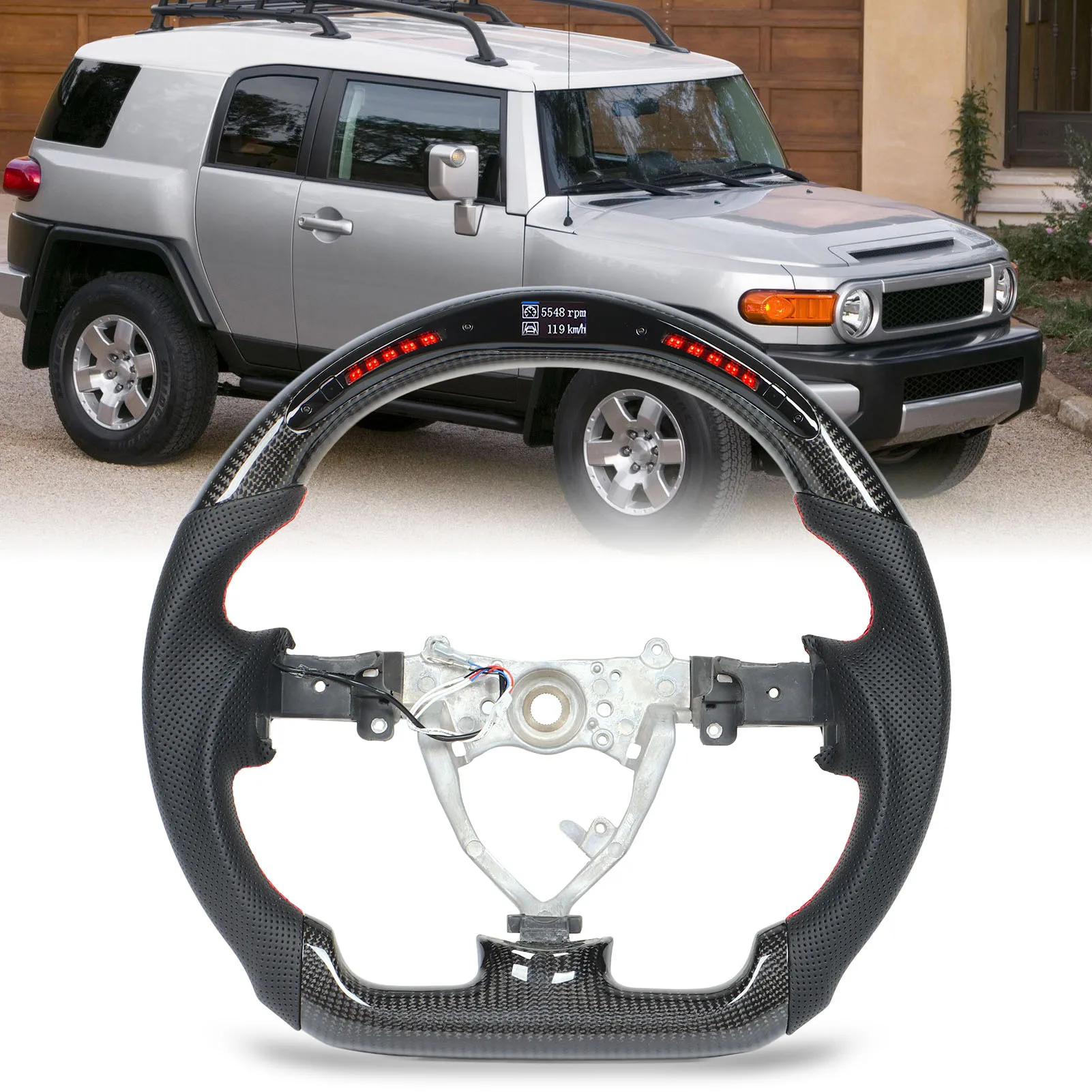 

LED Performance Steering Wheel LED Shift Lights Carbon Steering Wheel Red Stitching Replacement for FJ Cruiser 2007‑2017