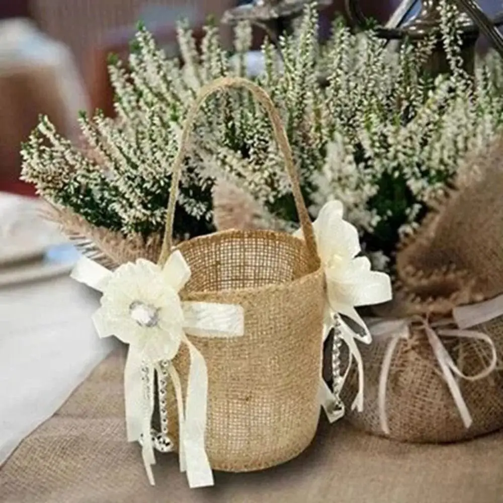 New Portable Burlap Flower Basket Vintage Small Lace Flower Hanging Pocket Durable Party Decoration Candy Gift Bag Wedding