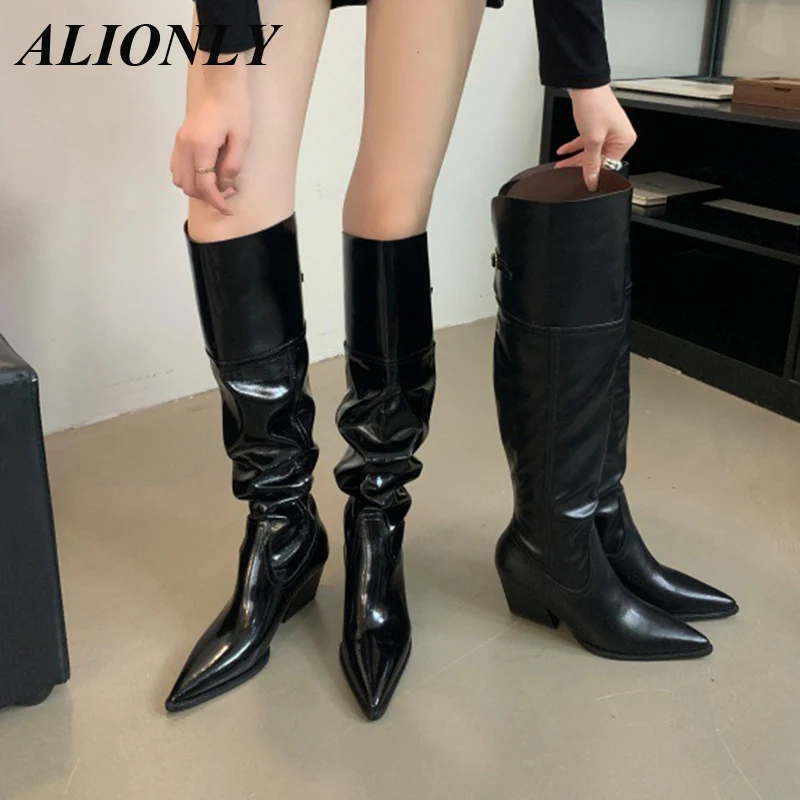 

Alionly 2024 Knight Long Boots Women's Lacquer Leather Over Knee High Barrel Pointed High Heels Thick Heels Long Boots Women