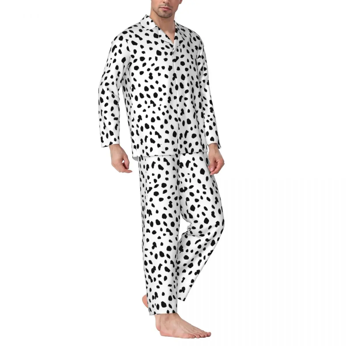 

Dalmatian Dog Print Pajamas Set Black and White Fashion Sleepwear Long-Sleeve Casual Loose Home 2 Pieces Nightwear Large Size