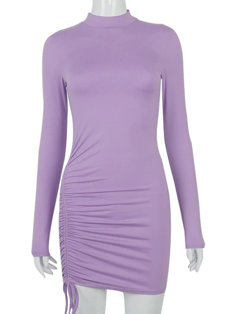Langarm geraffte einfarbige figur betonte Kleid Frauen Roll kragen Bandage Mini kleider Herbst schwarz dünn dehnbar Party Vestidos