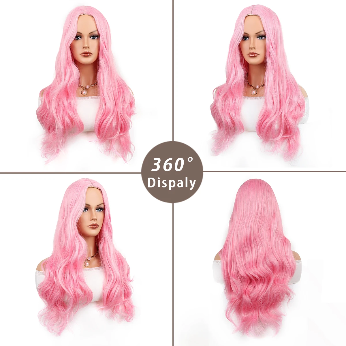 Pink Wigs for Women Long Pink Wavy Wig Middle Part Pastel Pink Wig 26 inch Natural Curly Synthetic Wig for Daily Party Use