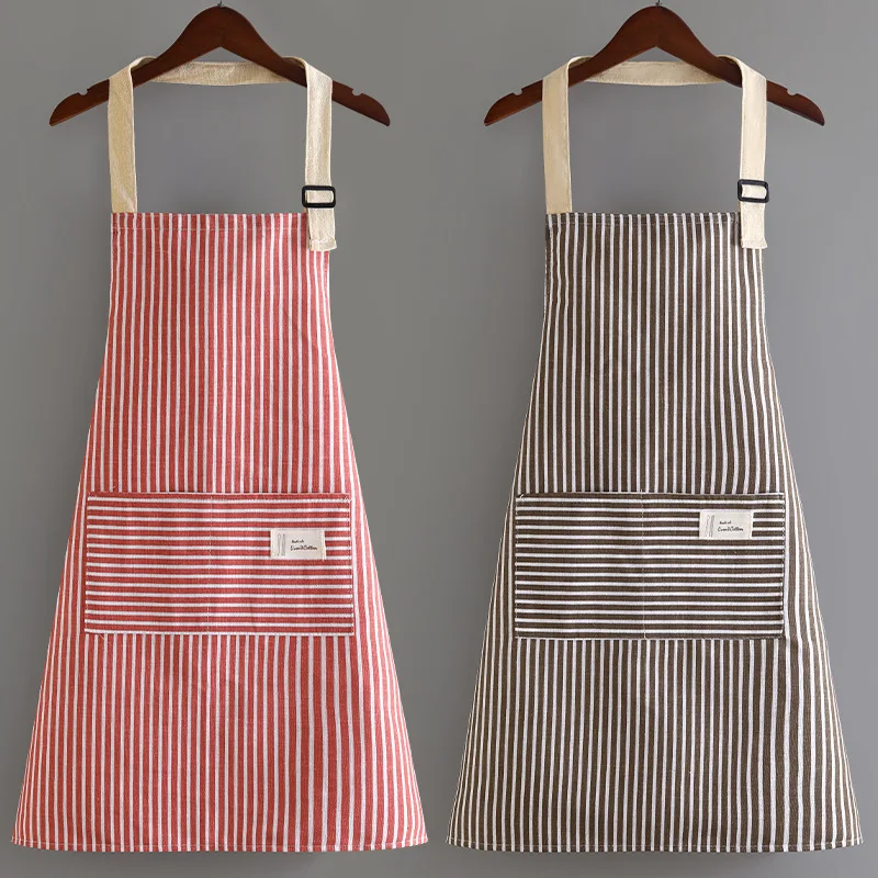 Cute Women's Hemp Striped Cotton Japanese Style Apron with Large Pocket for Cleaning Cooking Baking - Household Overalls