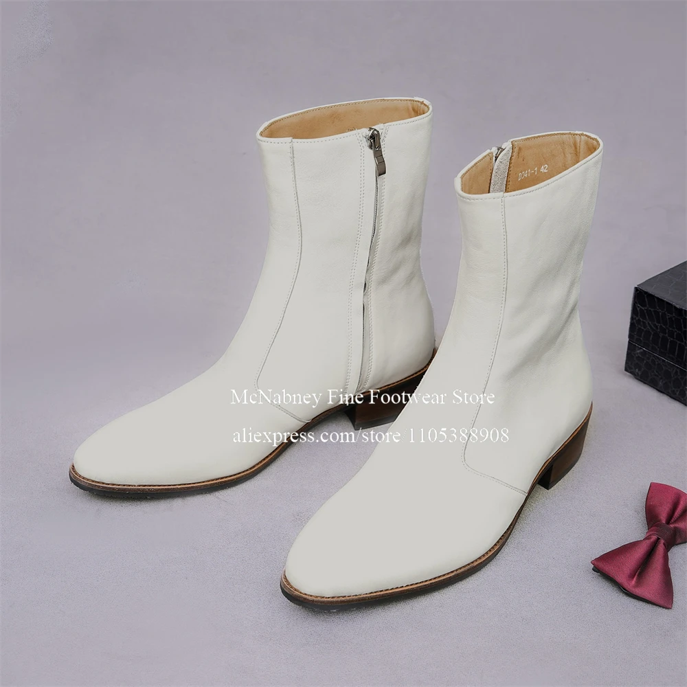 White Smooth Leather Round Toe Ankle Boots Side Zipper Block Heel Handmade Men's Dress Boots Party Business Formal Plus Size