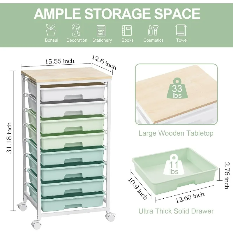 Rolling Storage Cart with Drawers, Utility Cart With 8 Drawers and Wooden Tabletop, Rolling Drawer Cart, Storage Drawer Cart