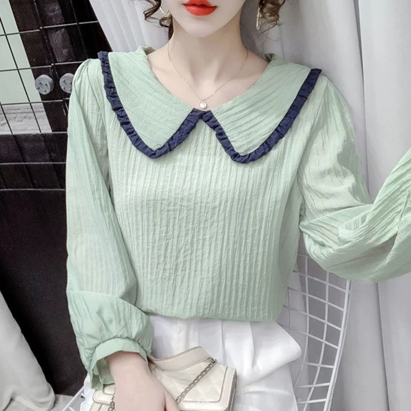 Stylish And Unique Floral Embroidered Peter Pan Collar Blouse For Women Long Sleeve Top