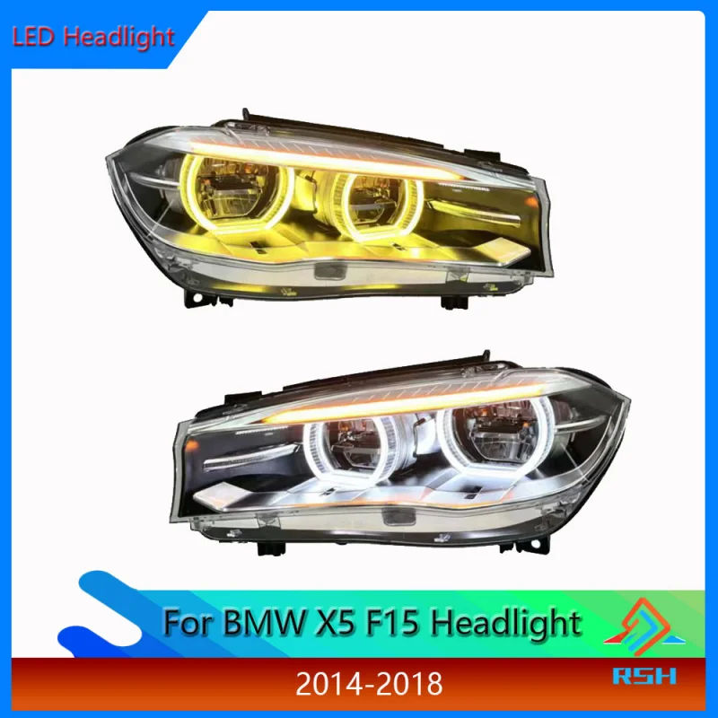 For BMW X5 F15 2014-2018 Headlights Dual-Color LED Angel Eyes Switchable Yellow White With Integrated Turn Signals Front Light