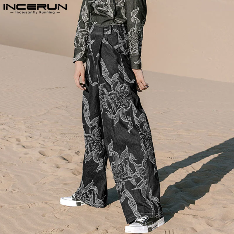 INCERUN Men Pants Printing Button Joggers Loose Casual Wide Leg Trousers Men Streetwear 2024 Pleated Fashion Long Pants S-5XL