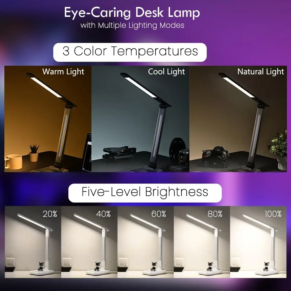 Gaming Desk Lamp with Music Sync RGB, Wireless Charger, USB Port, Adjustable Arm for PC Room Decoration