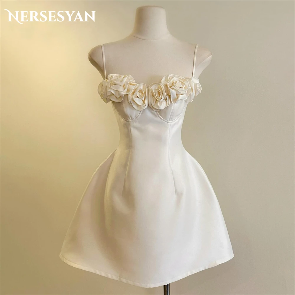 Nersesyan vestido de novia elegante, minivestido de novia con tirantes finos y flores en 3D, sin espalda, Color personalizado